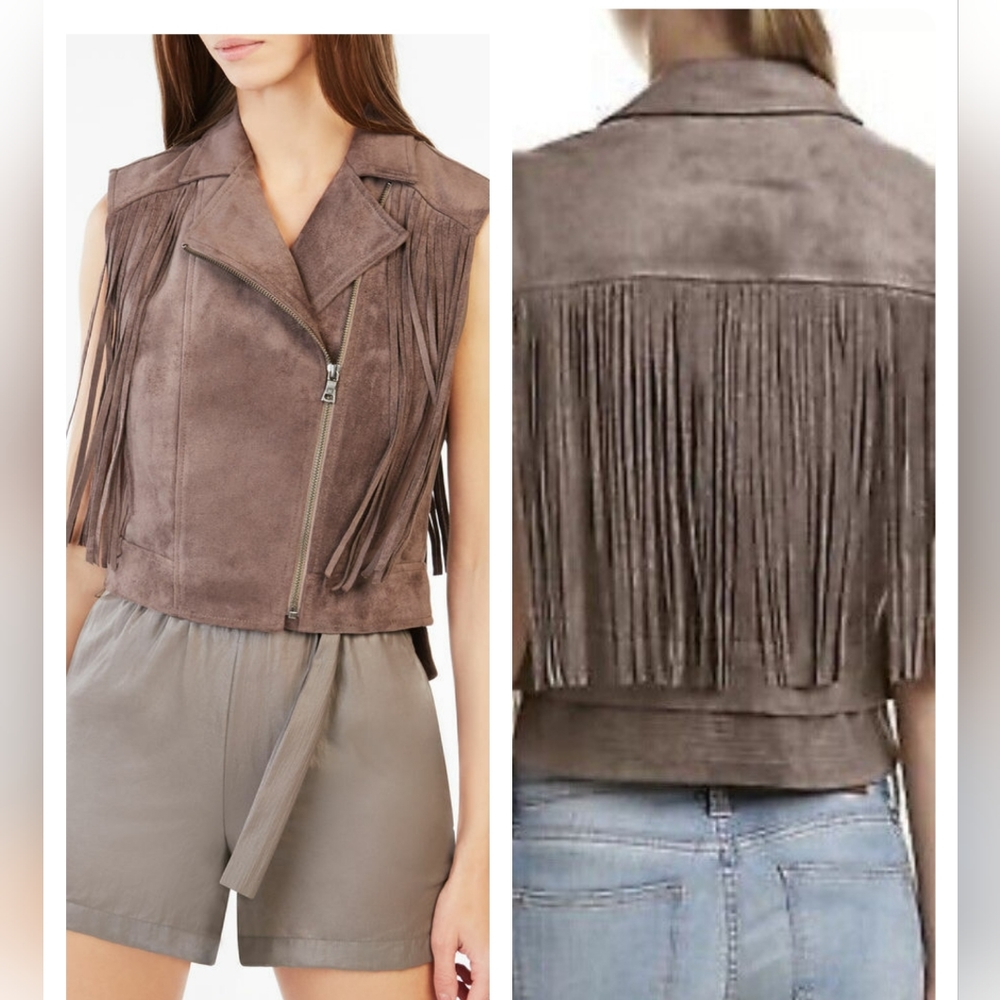 BCBGMaxazria | NWT Mike Faux Leather Fringe Vest Spanish Moss Small